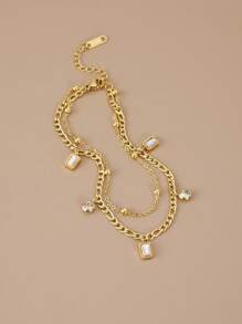 1pc Rhinestone Zirconia Stainless Steel Anklet (The Number Of Beads May Have A Deviation, The Number Of Beads Is Subject To The Size) - Yellow Gold - View 2
