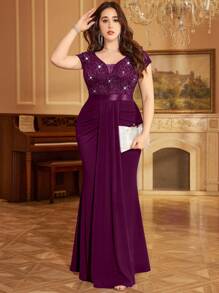 Plus Deep V-Neck Sequin Lace Contrast Ruched Draped Front Mermaid Hem Evening Party Formal Dress, Valentine's Day Dress, Summer Dress, Wedding Guest Dress, For Birthday, Dinner, Prom, Homecoming - Maroon - View 4
