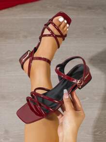 New Style Elegant Wine Red Open Toe Thick Slide Burgundy Heel Sandals