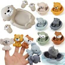 Rainbow Stacking Boat Bath Toy Set With Animal Finger Puppets - Color Recognition & Water Play Fun, Perfect Gift For Kid Summer Toy Bath Toys, Cute Swimming Baby Bath Toys Bathtub Water Pool Toys Stackable Boats Boy Girl Gifts
