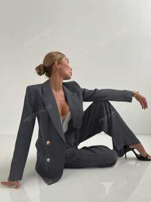 Women's 2pcs Elegant Belted Double-Breasted Blazer Jacket & Elastic Waist Straight Leg Pants Suit Set, Office Work Wear, Fall/Winter, Suitasble For Spring Business Casual