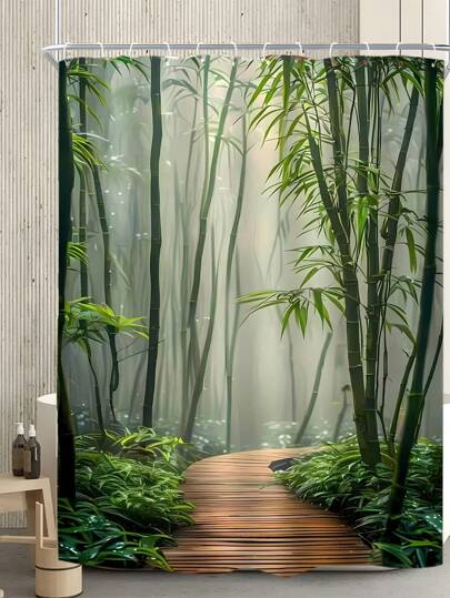 Zen-Inspired Elegant Bamboo Forest Printed Shower Curtain, Made Of Polyester Fabric, Waterproof Bathroom Partition Home Decor, 12pcs Free Hooks Included Bathroom Decor Fall Decor Bathroom Accessories