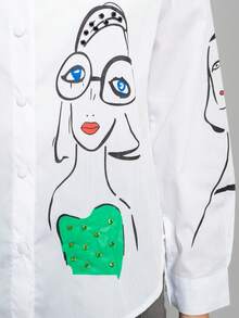 Camisa para mujer con incrustaciones de pedrería y estampado de moda - Blanco - Ver 4