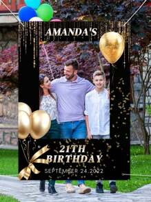 1件定制生日派对拍照背景横幅 - 涤纶镂空设计，黑金风格，适合难忘的庆祝活动、节日装饰 | 趣味生日标牌 | 装饰，生日派对装饰，母亲节毕业典礼，多功能，装饰性强，可重复使用，精致，时尚，高品质，色彩丰富，现代，可定制，个性化，独特，家居焕新，定制派对背景，家居生活，打造难忘的家，纪念品