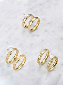 2 件/1 套 18K 镀金不锈钢创意爱心设计情侣戒指，不褪色小众珠宝，适合节日送礼和日常佩戴 - 金色 - 查看 1