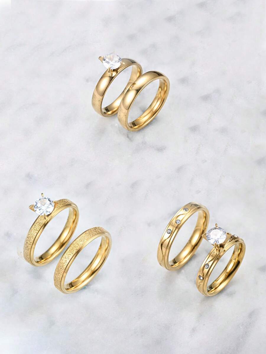 2 件/1 套 18K 镀金不锈钢创意爱心设计情侣戒指，不褪色小众珠宝，适合节日送礼和日常佩戴 - 金色 - 查看 1