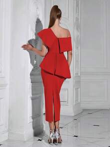 Elisanya Vestido de mujer ajustado, sexy y con botones de estilo multicapa - Rojo - Ver 2