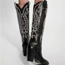 Botas altas de vaquera hasta la rodilla para mujer con punta bordada, tacón ancho y fácil de poner - Botas occidentales retro altas
