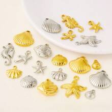 10pcs Luxury Ocean Theme Fashionable Versatile 304 Stainless Steel Gold & Silver Seahorse, Starfish, Shell Pendant DIY Jewelry Accessories