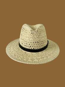 1 件男女通用宽边镂空草编太阳帽，新款休闲夏季透气防晒复古皮革扣装饰平顶帽，适合派对、聚会、日常使用 - A - 查看 2