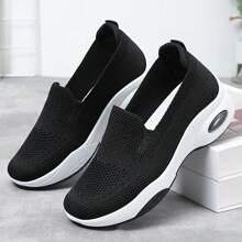 Women's Breathable Knit Slip-On Sneakers - Comfortable Low-Top Casual Shoes With Air Cushion Support, Round Toe, And Thick PVC Sole In Gray, Beige, Black, Or Pink, Everyday Shoes Simple Design Flexible PVC Sole - Black - View 6