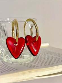 1 Pair Vintage Bold Red Heart Hoop Earrings, Fashionable & Minimalist Design, Versatile Accessory Suitable For Daily Or Party Wear, Perfect For Women & Valentine's Day