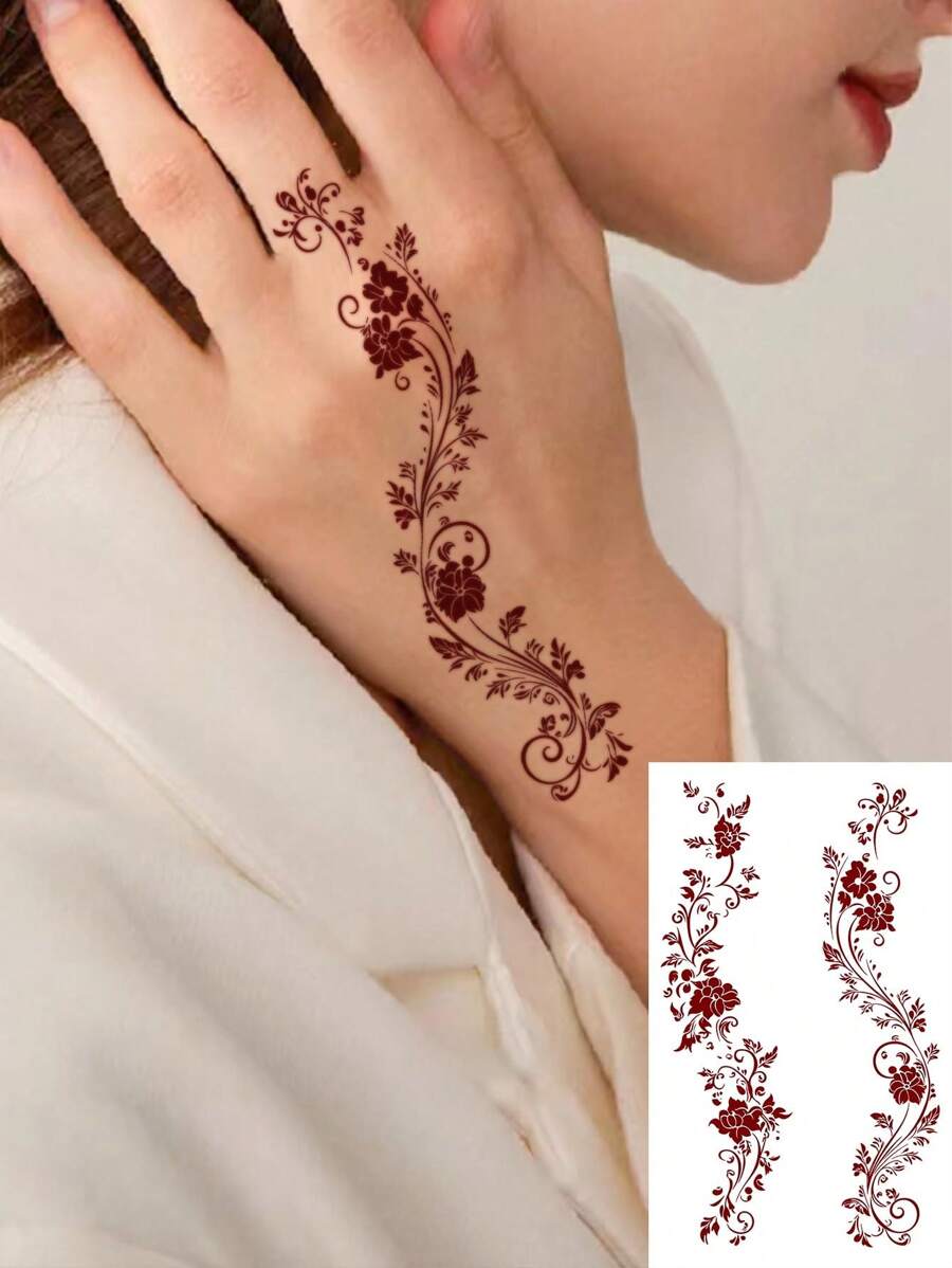 1pc Plant Totem Patterned Finger Temporary Tattoo Sticker, Waterproof, Stylish, Suitable For People - Red - View 1