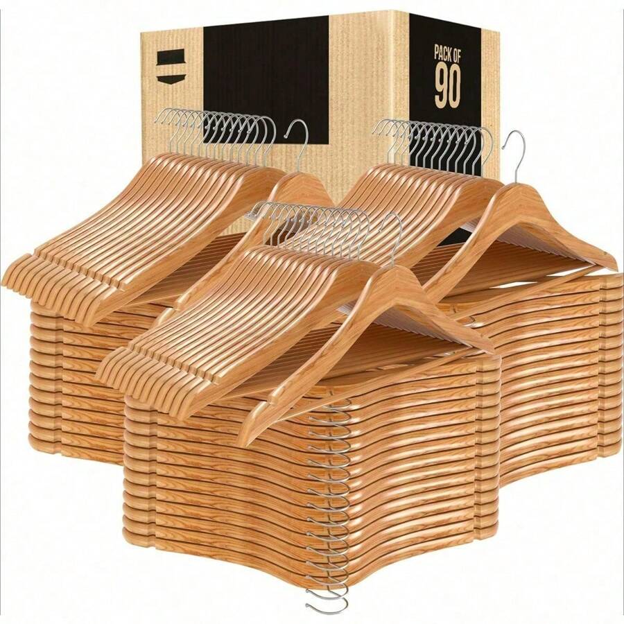 Premium Wooden Hangers 90 Pack - Slim Coat Hangers - Suit Hangers Featuring 360-Degree Swivel Hooks - Wood Hangers With Notched Shoulders (Natural Finish) Halloween Accessories Autumn Festival Decor