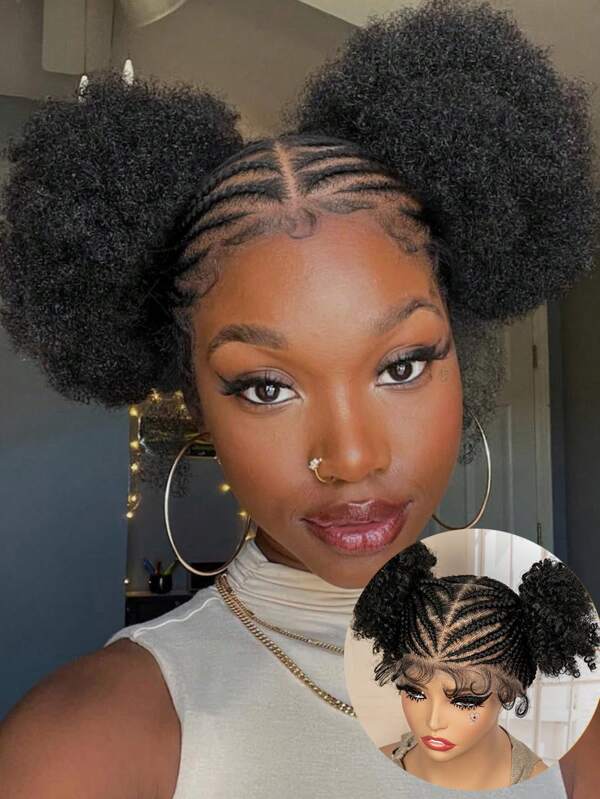 6inch Weaving Wig Afro Bouffant Wig 360 Degree Full Lace Bouffant Bun Women's Braided Lace Front Wig Synthetic Handmade Braided Bouffant Wig Donut Bun Wig (1B)