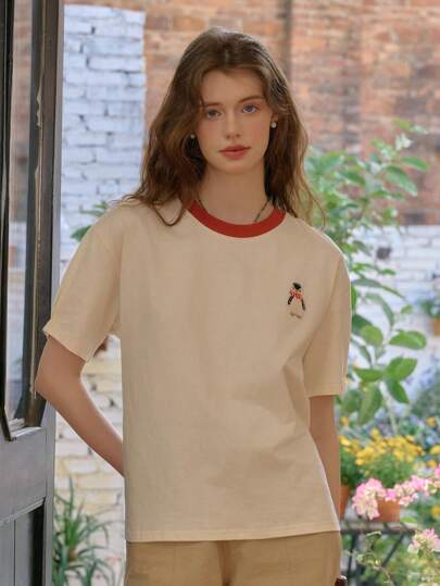 Simple Retro Women's Summer Round - Neck Color - Blocked Short - Sleeve T - Shirt With Penguin Embroidery