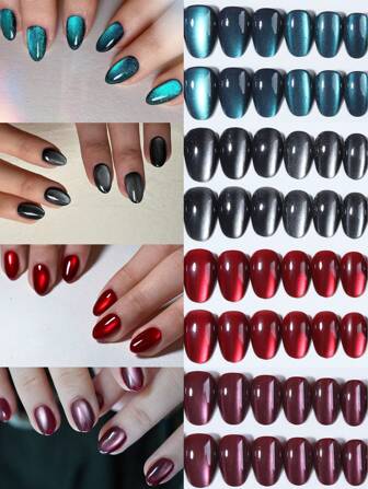 96 件/盒（4 款混合）Y2K 短椭圆形光泽美学 4 色水晶猫眼法式尖头按压指甲杏仁指甲心形图案设计完美贴合亚克力假指甲套装，包含 1 件果冻胶和 1 件指甲锉，红色指甲适合女士和女孩日常佩戴狂欢派对使用美甲用品指甲