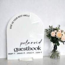 1 Stück Hochzeitsfoto Gästebuch Photobooth Gästebuchschild, Gästebuchschild - Acrylbogen-Schild, Hochzeitsfoto Gästebuchschild Acryl Hochzeitsschild für Zeremonie und Empfang, weißes Photobooth Schild mit Ständer für Jahrestag, Geburtstag, Hochzeit, Abschlussfeier, Sommergaben, Schule Liefern, Raumdekoration