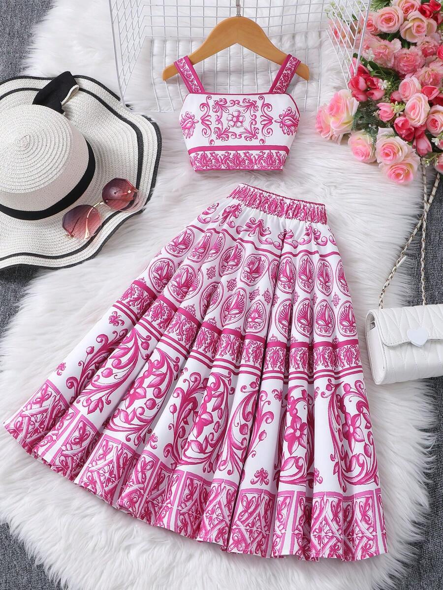 Young Girl Sleeveless Top & Midi Skirt Set, Summer