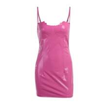 Women's Summer Sexy Skinny Dress Solid Color Sleeveless Square Neck Zipper Leather Dress - Rosa - Ver 4