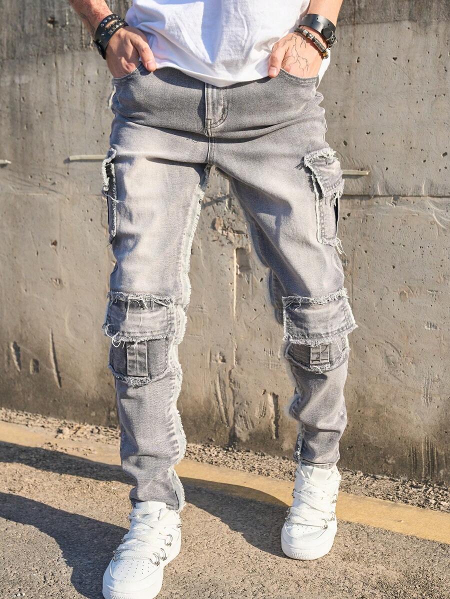 Quần Jeans Nam Phong Cách Mới Thời Trang Âu Mỹ Hiphop Cargo Co Giãn Ôm Vừa Nhiều Túi Thường Ngày - Xám - Xem 1