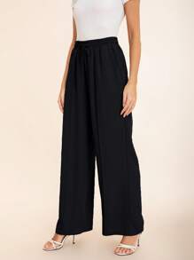 Pantalones dama con resorte para mujer con bolsillos laterales inclinados, líneas de costura visibles - Negro - Ver 3