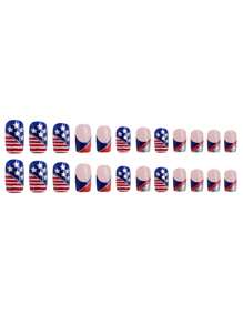 96 pièces Ongles courts, Faux Ongles Carrés, Ongles Français Bleus, Motif Étoile, Ongles Pression Y2k, Faux Ongles Mignons, Fournitures pour Ongles, Salon de Manucure, Ongles, Convient pour le Jour de l'Indépendance pour les Femmes et les Filles
