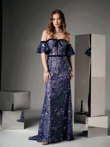 Women's Glamorous Off Shoulder Sequin Butterfly Decor Formal Dress - Dusty Blue - View 4