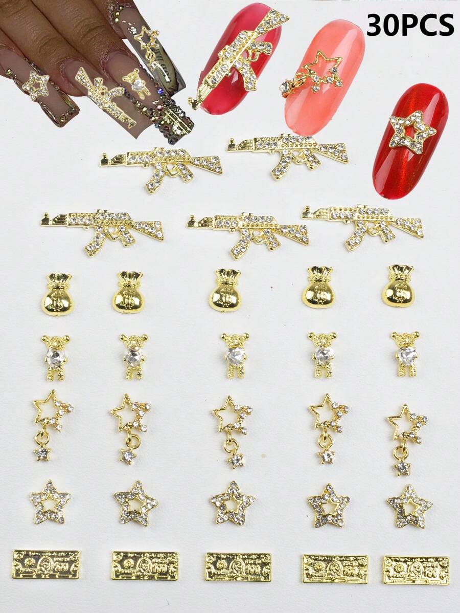 30pcs 3D Gun Shape Nail Jewelry Set, Including Punk Gun, Shiny Alloy Teddy Bear Rhinestone, Pentagram Pendant, Pentagram And Money Nail Decorations, Nail Art DIY Supplies, For Girls & Women