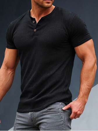 男士纯色正面纽扣休闲简约印花 Polo 衫，短袖