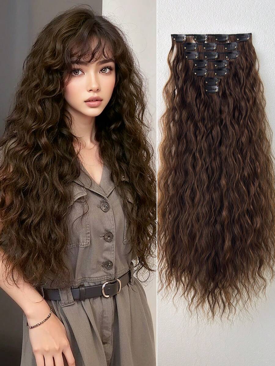 Clip In Hair Extensions Light Brown 16 CLips 22 Inch Long Curly Hair Extension For Women Full Head Synthetic Hair Extensions Hairpieces - Brown - View 1