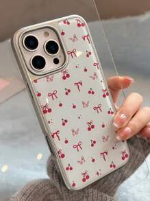 1 szt. galwanizowane żywiczne etui na telefon z kokardą wiśniową, koreański styl, kompatybilne z 'em, kompatybilne z serią 16/15/14/13, minimalistyczny design