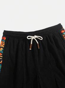 Summer Men's Textured Corduroy Patchwork Print Drawstring Shorts, Side Stripe Casual Loose Fit Breathable Fabric Streetwear Retro Shorts, Vertical Striped Textured Material - Black - View 4