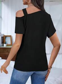 Hollow Out Asymmetric Shoulder T-Shirt, Stylish Short Sleeve Cutout Shoulder Top, Women - Black - View 2