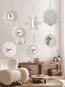 1 件 BOHO 手工编织流苏木珠圆形镜子亚克力镜片，适合作为纪念品赠送给朋友和家人，用挂饰装饰客厅和卧室 - 适用于卧室、客厅、走廊、日托中心、厨房、办公室、农舍等 - 彩色 - 查看 12