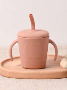 1 pieza Botella de agua/taza de leche personalizada de silicona con pajita, tapa antipolvo y antiderrame, esencial para alimentación, regalo personalizado para niños y niñas, diseño de oso de dibujos animados, para todo el año