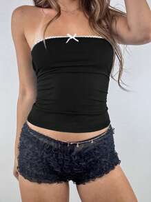 女式夏季 Y2K 性感修身年轻热辣蕾丝蝴蝶结上衣