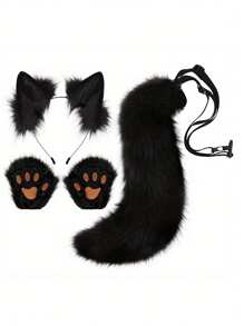 4pcs Soft Plush Adorable Fox Cosplay Accessory Set - Mask, Ear Headband, Tail With Paw Prints & Gloves Flirting Accessories