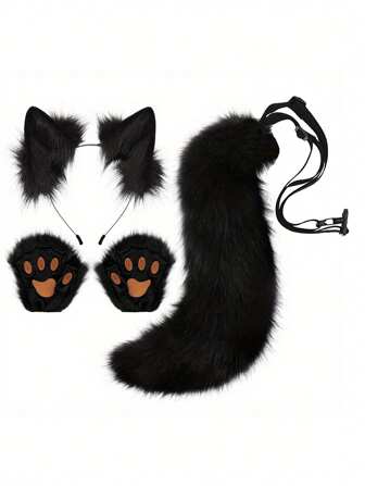 4pcs Sexy Lingerie Soft Plush Adorable Fox Cosplay Accessory Set - Mask, Ear Headband, Tail With Paw Prints & Gloves Flirting Accessories
