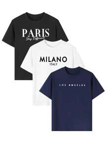 3件套少女休闲印花圆领短袖T恤，夏季学生服装 - 色彩缤纷的T恤为每个孩子带来快乐！少女图案T恤，夏季 - 藏蓝色 - 查看 4