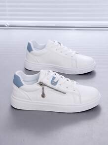 Classy Aesthetic Spring Break 2025 New Style Casual White Shoes For Women, Ladies Platform Shoes, Cute White Low Top Shoes, Comfortable And Fashionable Sneakers, Increase Height By 5cm, Suitable For Short Women Vacation Outfits - Blue - View 4
