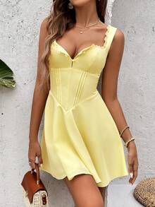 Backless Smocking Lace Spliced Button Placket Bodycon Pleated Dress Summer Elegant - Yellow - View 9