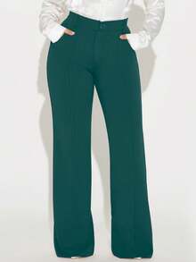 Women's Solid Color Pocket Elegant Straight Leg Pants For Commuting - Dark Green - View 4