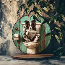 Cartel de pared de madera con borde de 8 pulgadas con un Border Collie leyendo un periódico, resistente al agua y a los rayos UV, con agujeros perforados previamente para una fácil instalación, decoración humorística para el baño