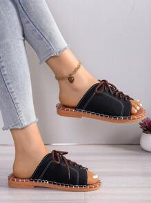 Summer Denim Black Plain Flat Lace-Up Open Toe Women Slippers, Sewing Non-Slip Casual Versatile Ladies Sandals