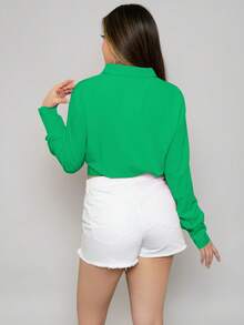 Camisa casual lisa con bolsillo de pedrería y cinturón para mujer de moda - Verde - Ver 6