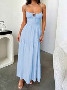 WOWDARK Women Spaghetti Strap Backless A-Line Vacation Dress, Spring Wedding Guest Dress, Party Dress, For Cocktail - Blue - View 2