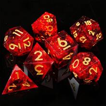 Ensemble de dés en résine rouge élégant avec feuille d'or, au design complexe, avec des formes polyédriques incluant un D20 - Convient pour les jeux de rôle et les jeux de plateau Cthulhu