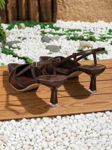 Xin Jing Shoes Fall/Winter Women's Chain Decorated Cat Design Pointed Toe Closed Back High Heels With Embroidery Detail And Ankle Straps For Outdoor Party And Spring/Summer Seasons Match With Dress,Elegant,Kitten Heels - Coffee Brown - View 4