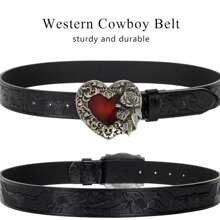 1pc Men/Women Retro Rose & Heart Engraved Buckle Leather Belt, Personalized Casual Waist Belt Suitable For Jeans, Ideal For Teen, Summer, Casual, Outdoor, Athletic, Vacation, Travel, Graduation, Birthday, Daily Wear